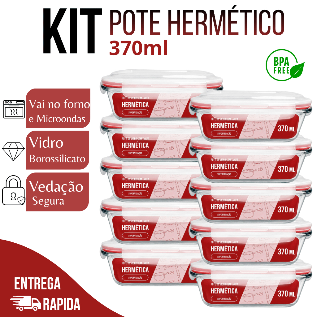 Kit 10 Potes de Vidro Herméticos Retangulares 370ml