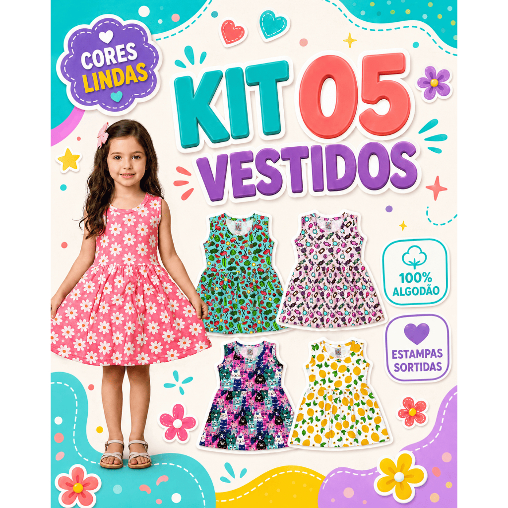 Kit 05 Vestidos Infantis Menina 100% Algodão Conforto Diário Cores Sortidas Estampas Coloridas e Divertidas