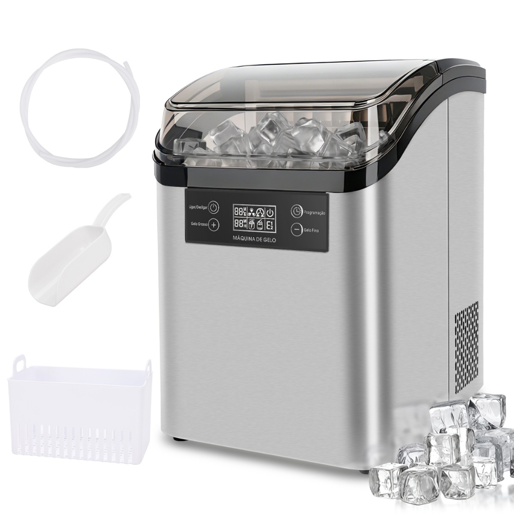 MODUS Máquina de Gelo Cubos Quadrados Tamanho Ajustável 130W 127V Painel Digital Cor Silver