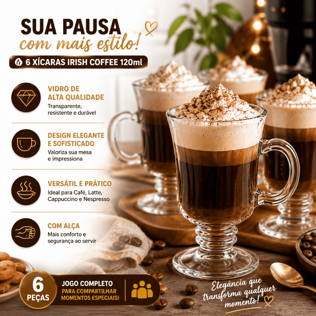 Detalhes do Jogo Conjunto 6 Xícaras Canecas Em Vidro Com Alça Irish Nespresso Coffee Café Latte Cappuccino 120ml