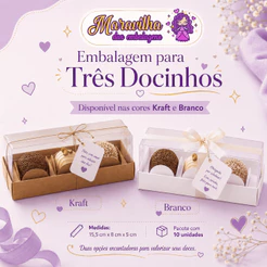 Embalagem para Três Docinhos em papel Kraft | Branco - 15,5x08x05cm - Pacote com 20 unidades - *Acompanha Forminhas*