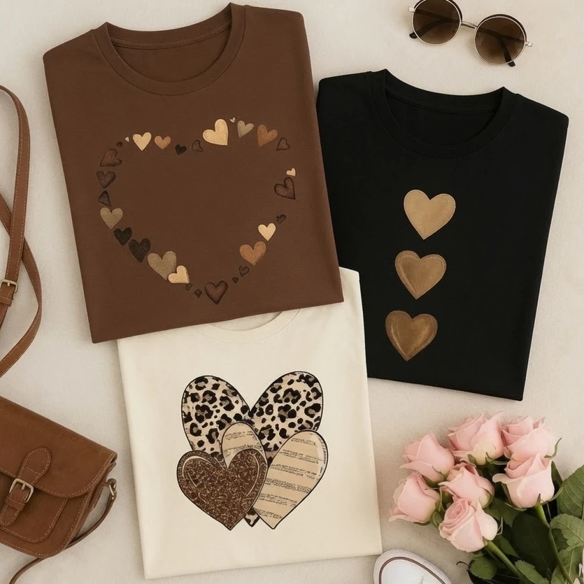 Kit 3 Camisetas femininas Coração | Marrom Preto Branco Glitter Oncinha Dourado — imagem 1