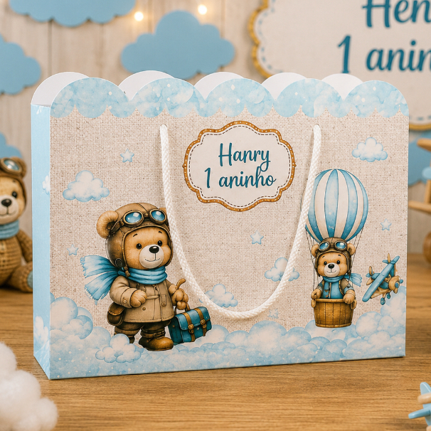 Sacola Surpresa Tema Ursinho Baloeiro Lembrancinha Personalizada Festa Infantil Pegue e Monte