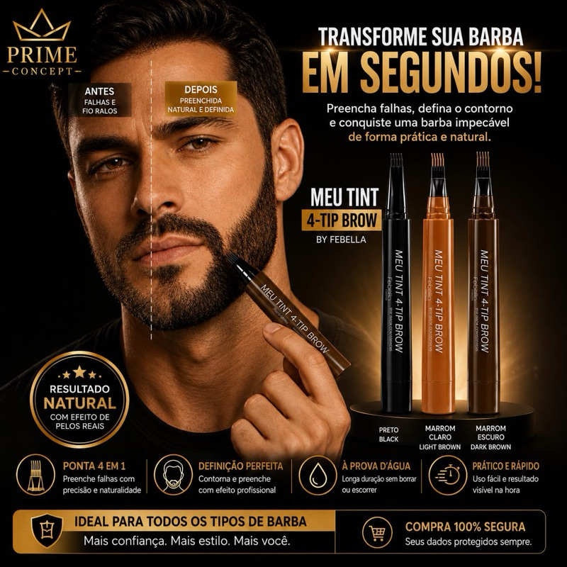 Caneta Preenchedora Barba Sobrancelha 4 Pontas Corretor de Falhas Masculino Premium Efeito Natural Fio a Fio