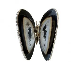Borboleta em Pedra Ágata Natural com Preto com borda em ouro