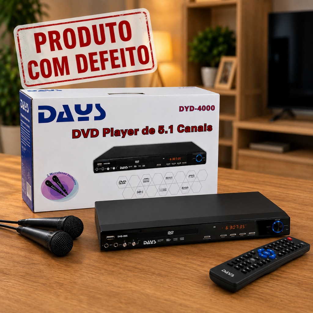 DVD Player Days DYD-4000 5.1 Canais Com 2 Microfones e Controle Remoto – Produto Com Defeito