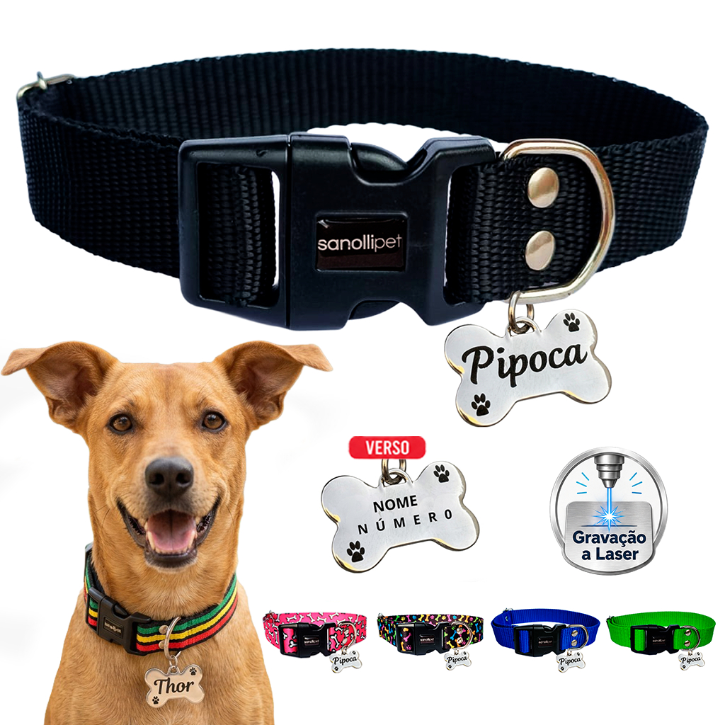 Coleira Para Cachorro Reforçada Com Plaquinha de Identificação Frente E Verso Nome Telefone Premium
