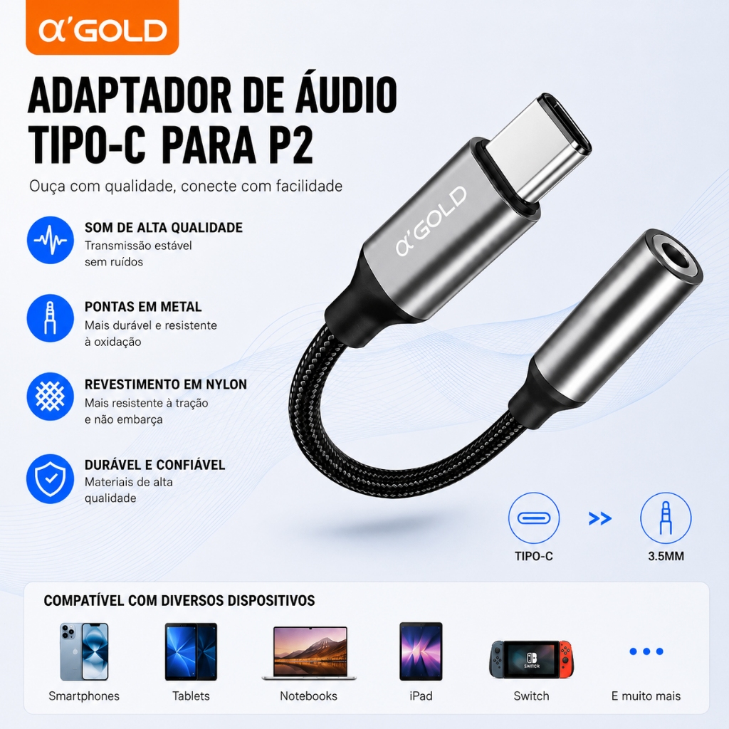 Adaptador USB-C para Fone de Ouvido P2 3.5mm com DAC Áudio HD – Compatível com Android Tipo C