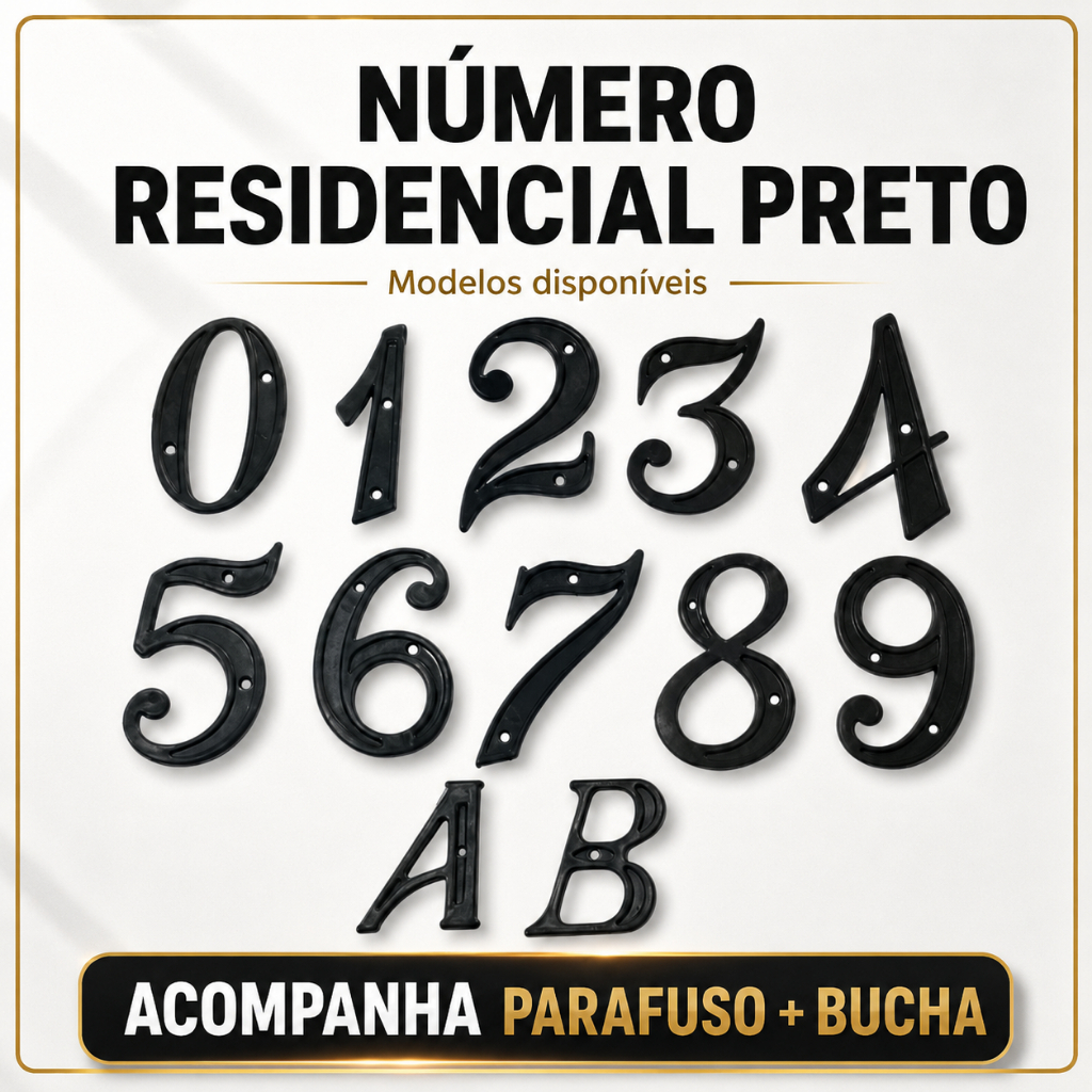 Número de Casa PVC Preto 13cm com Parafuso e Bucha