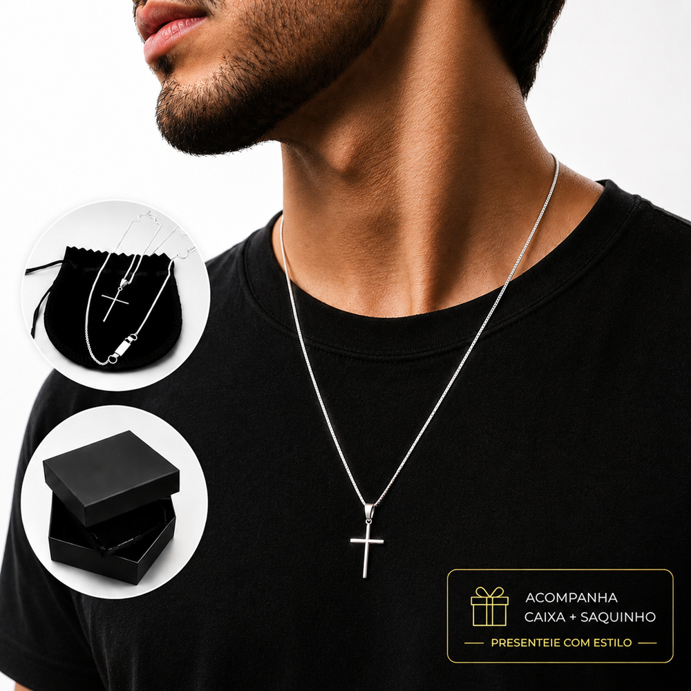 Colar Corrente Correntinha Prata Masculina Pingente Cruz Palito Regilioso