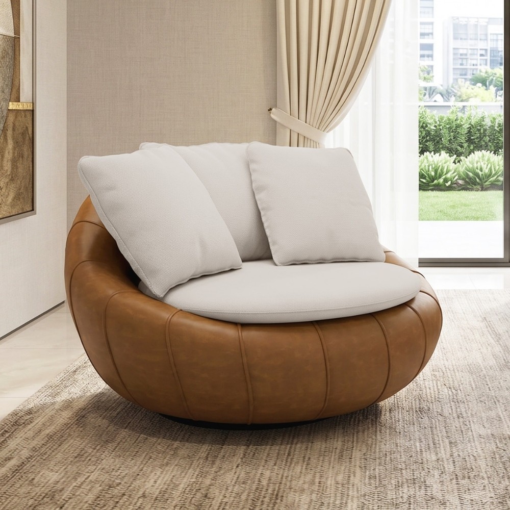 Poltrona Giratória Para Sala de Estar Decorativa Kira M03 Couríssimo Whisky Linho Cru - Lyam Decor