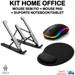 Kit Suporte de Notebook + Mouse Sem Fio Recarregável + Mousepad Home Office