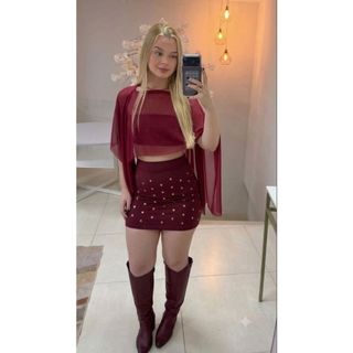 Conjunto Saia com Aplicações + Cropped com Capa em Tule | Suplex Grosso 280g