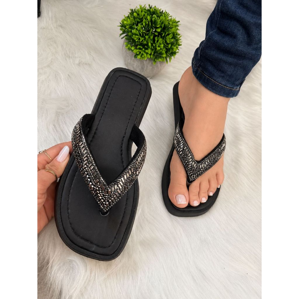 Sandalia feminina papete CABEDAL V PEDRARIA premium casual