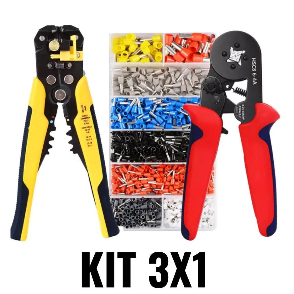 Kit Alicate Crimpar Descascador 1200 Terminais Ilhos Tubular Descascador Cortar Fio Eletrico