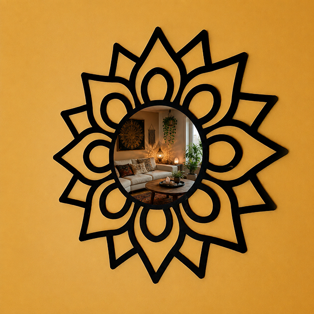 Imagem Espelho Decorativo Redondo Mandala Flor em MDF Preto Decoração Sala Quarto Vários Tamanhos