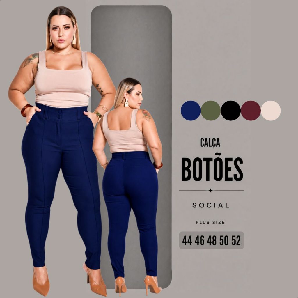 Calça Social Plus Size Feminina Super Luxuoso C/ Ziper 2 Botões Cintura Alta Tecido Bengaline Modelador Laycra 42 Ao 52