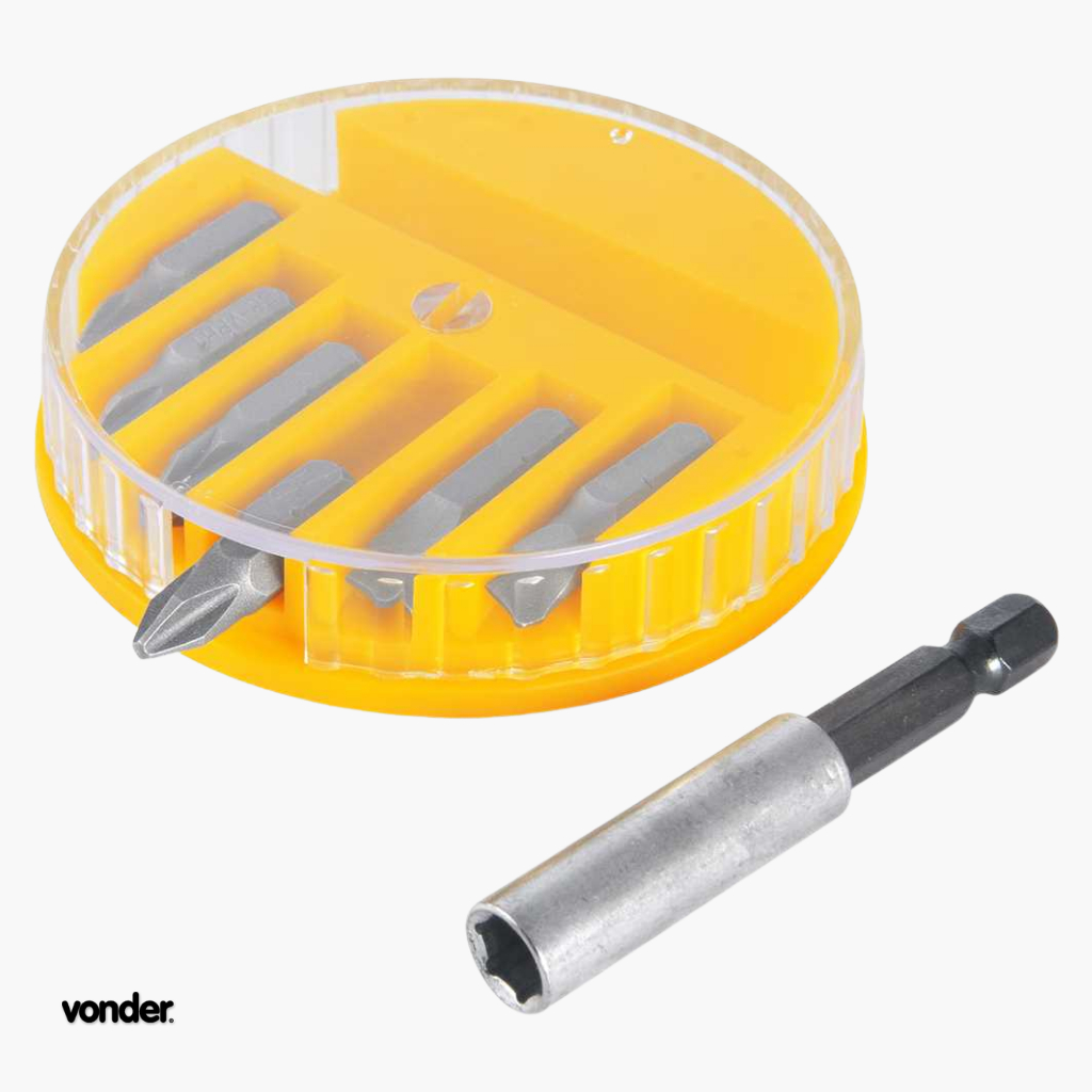 Jogo de Bits com 7 Peças Encaixe 1/4" Sextavado com Adaptador Magnético Cromo Vanádio Vonder