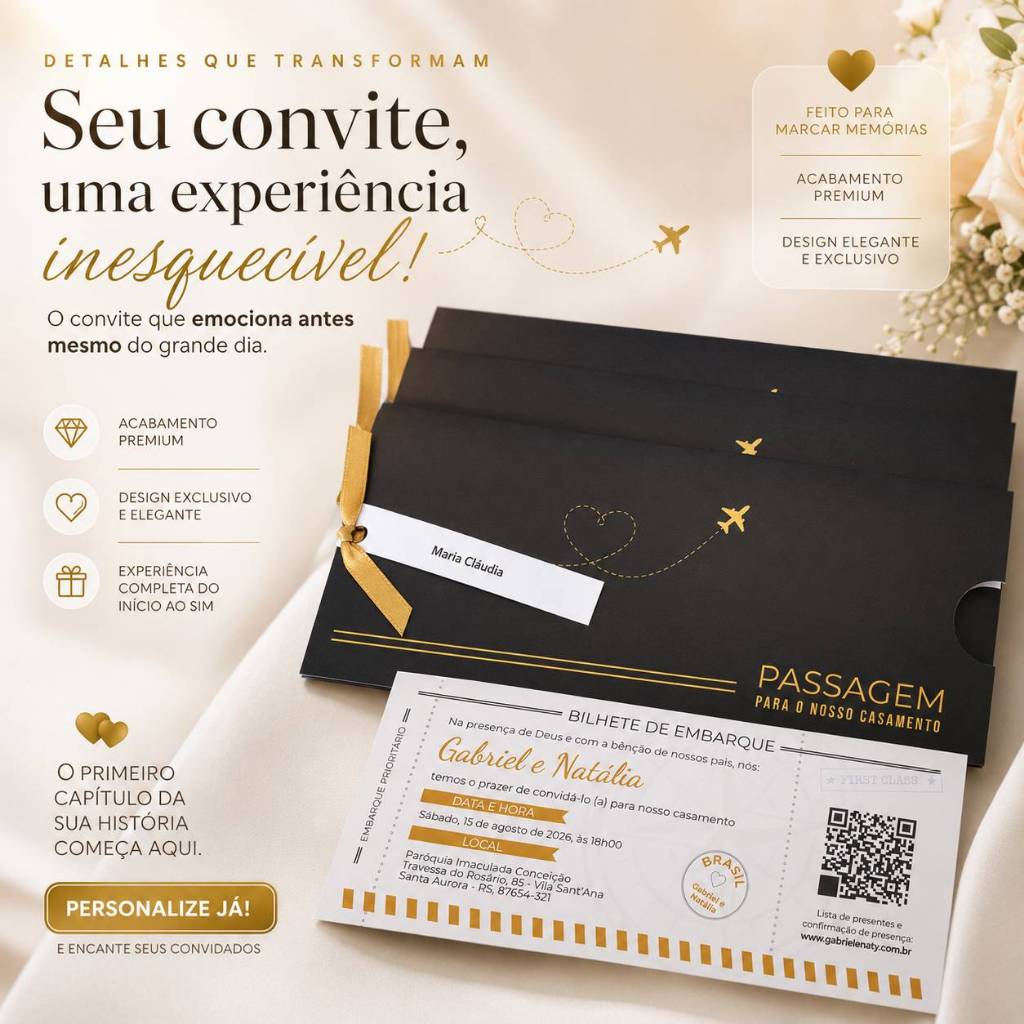 Convites de Casamento Passagem Aérea | Viagem | Passaporte | Envelope Preto e Dourado