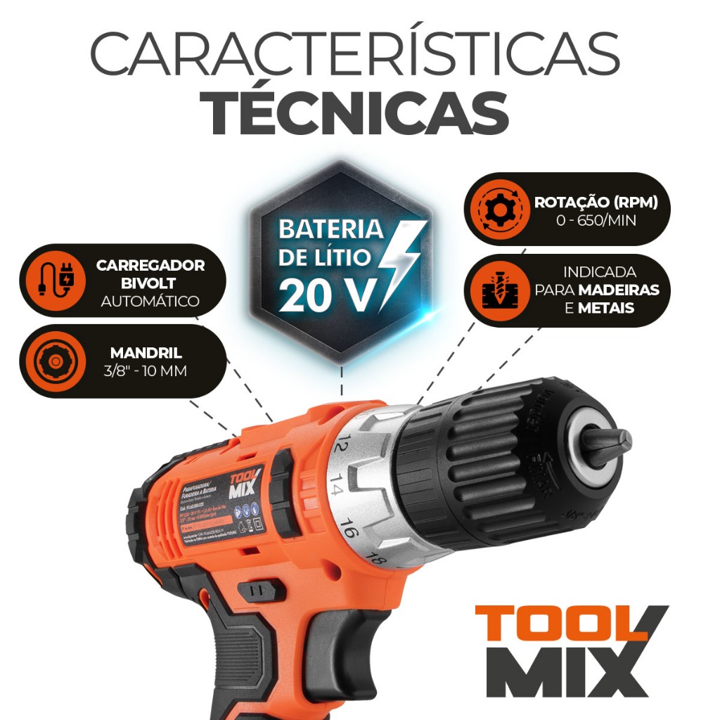 Parafusadeira Furadeira 20V Toolmix PFT020 22Nm Bateria de Lítio Maleta Mandril 10mm · foto 2