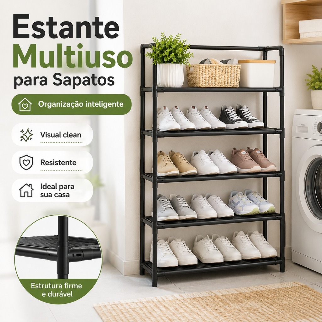 Estante Multiuso 5 Prateleiras Preta Organizadora Para Quarto Escritório Lavanderia