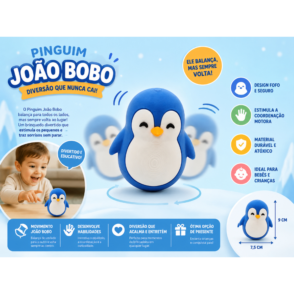 Brinquedo João Bobo Pinguim Anti Queda para Bebês Desenvolvimento Motor
