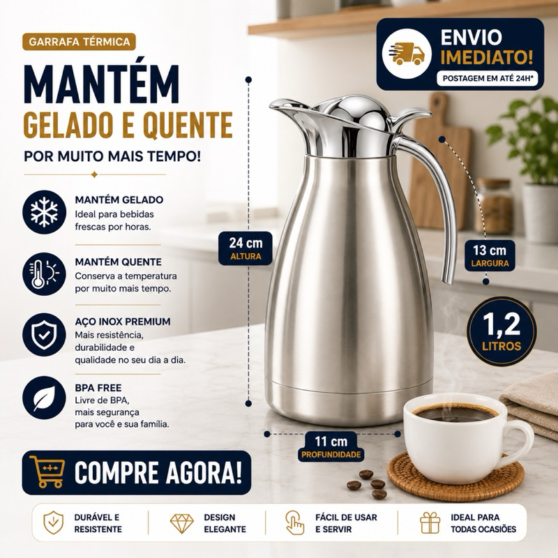 Garrafa Térmica Inox 1,2L Com Tampa Café Lux Aço Inox Resistente - Dia a Dia Utilidades Bebidas