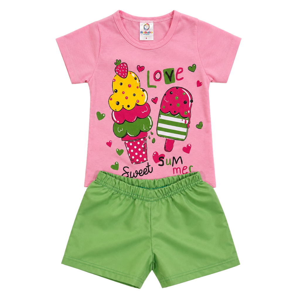 Conjunto Infantil Verão Menina Estampado Sorvete Rosa Premium Bebê Feminino