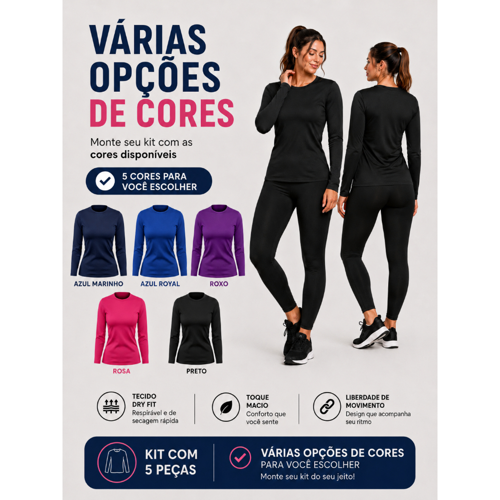 Kit 5 Camisetas Manga Longa Feminina Dryfit Segunda Pele Proteção Solar Uv Camiseta Esportiva GLK Sports