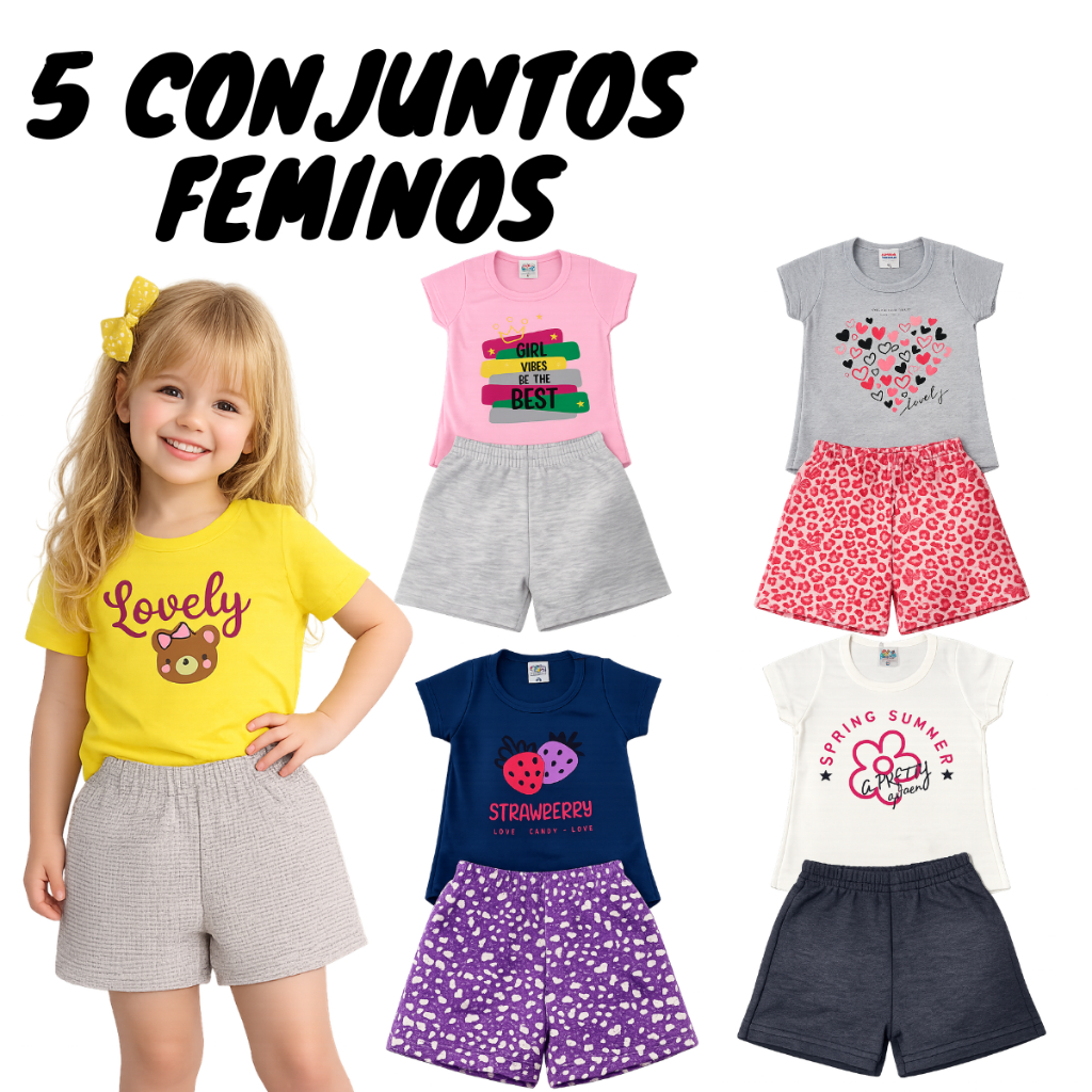 Kit Com 5 Conjuntos Para Meninas Infantil Moda Verão Tamanho 1 a 14 Conforto Criança Feminina
