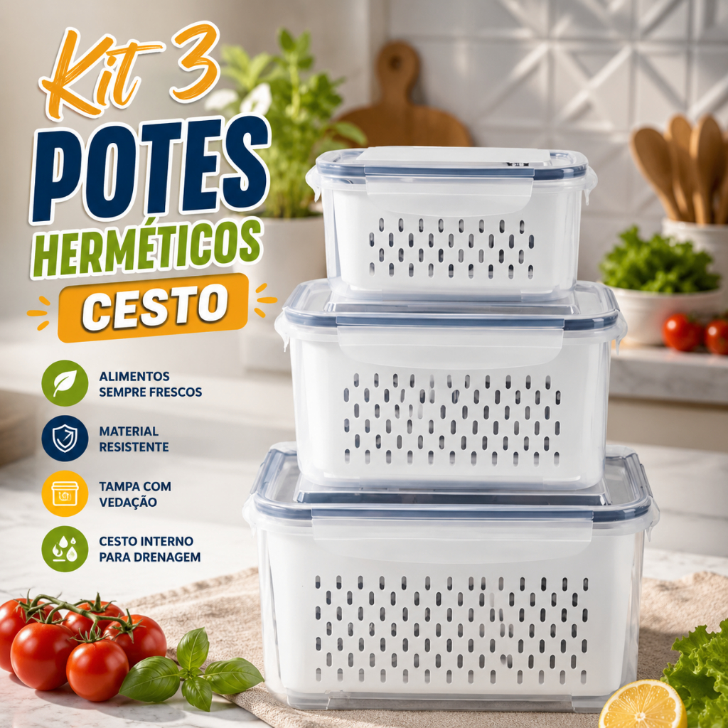 Kit 3 Potes Herméticos Organizadores Geladeira Escorredor Alimentos Resistente Retangular Com Tampa