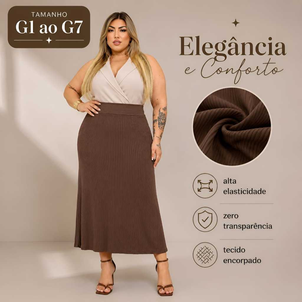 Saia Plus Size Midi Cintura Alta, Não Marca, Conforto o Dia Todo, 44 ao 66