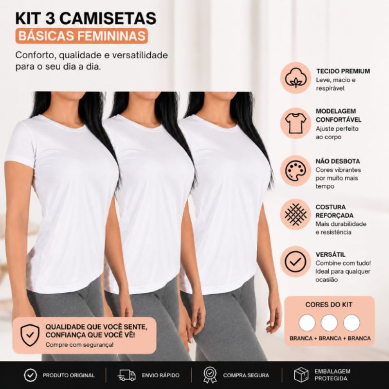 Kit 3 Camisetas baby look, blusa feminina Branca malha anti Pilling
