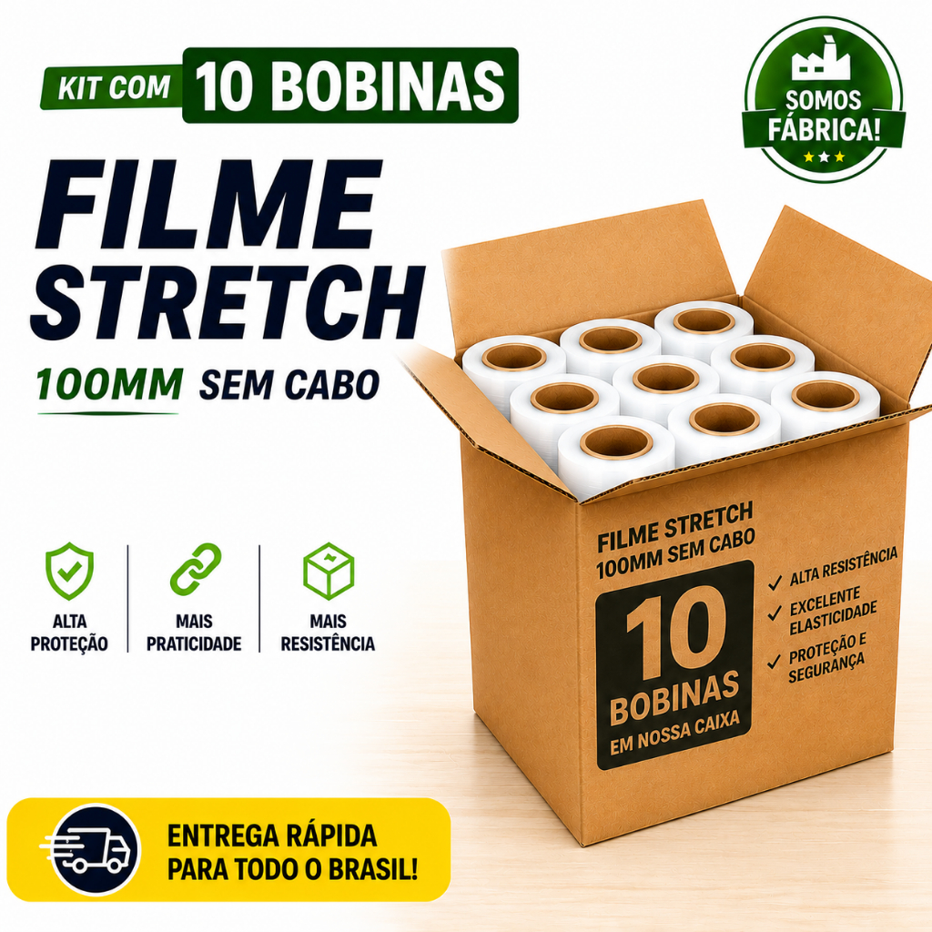 10 Rolos Filme Stretch S/ Cabo Aplicador (10cm) 100 Metros cada bobina - Ecommerce/Marcenaria/Móveis