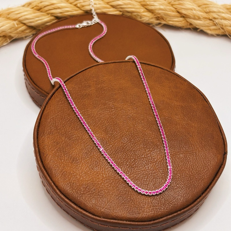 Choker Riviera Prata 925 2mm com Pedras Rosa Pink Elegante e Feminina