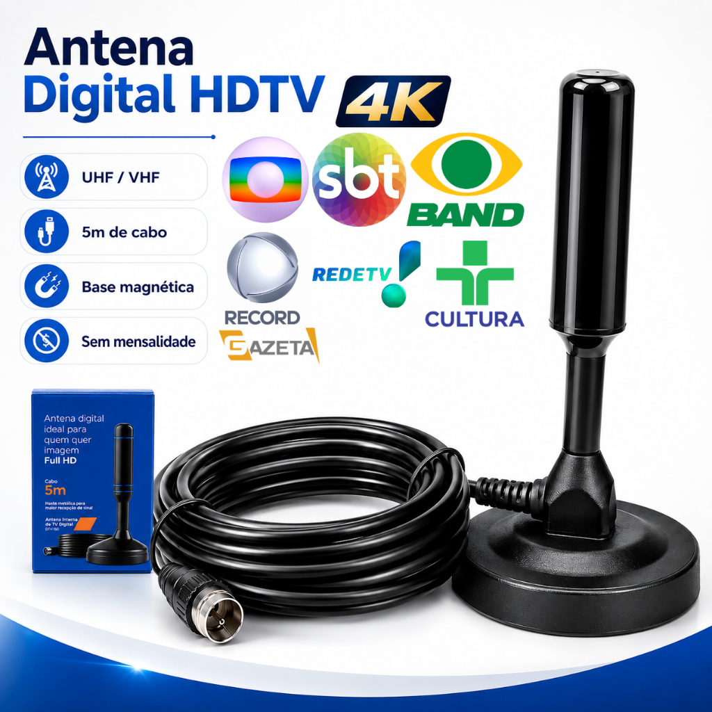 Antena Digital HDTV UHF VHF 4K Interna Externa Cabo 5m Base Magnética TV Aberta Sem Mensalidade Sinal Forte