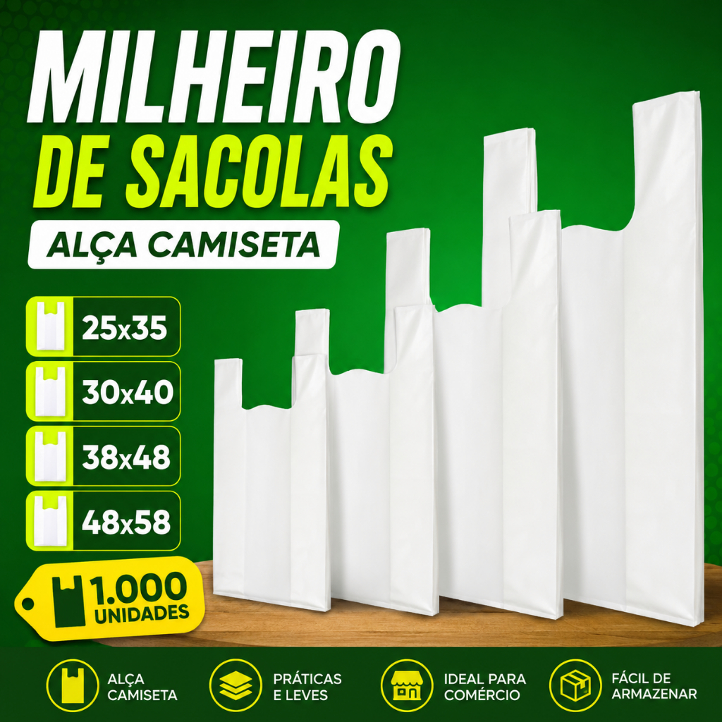 Kit 1000 Sacolas plásticas 25x35 30x40 38x48 48x58 Branca com 1000 unidades Frete grátis
