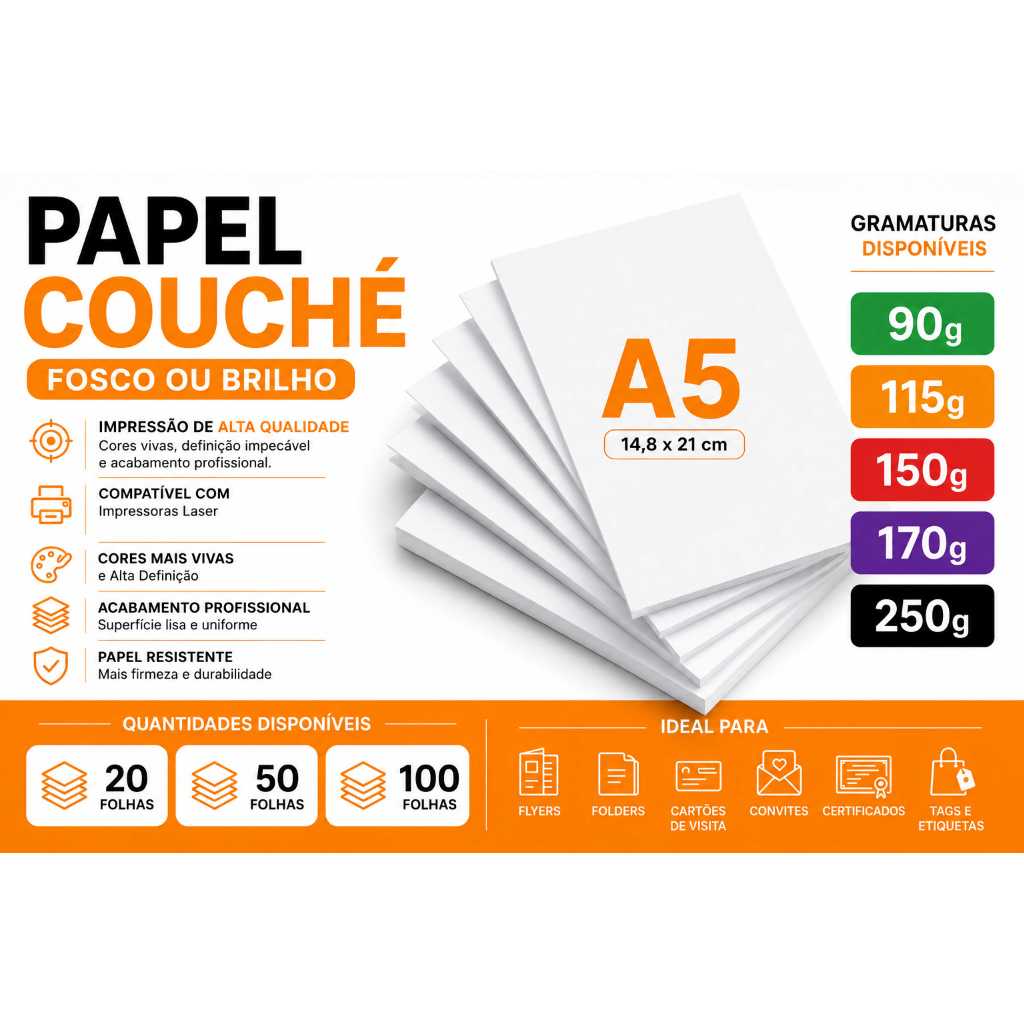 Papel Couché A5 Fosco ou Brilho 90g 115g 150g 170g 250g 20, 50 e 100 Folhas