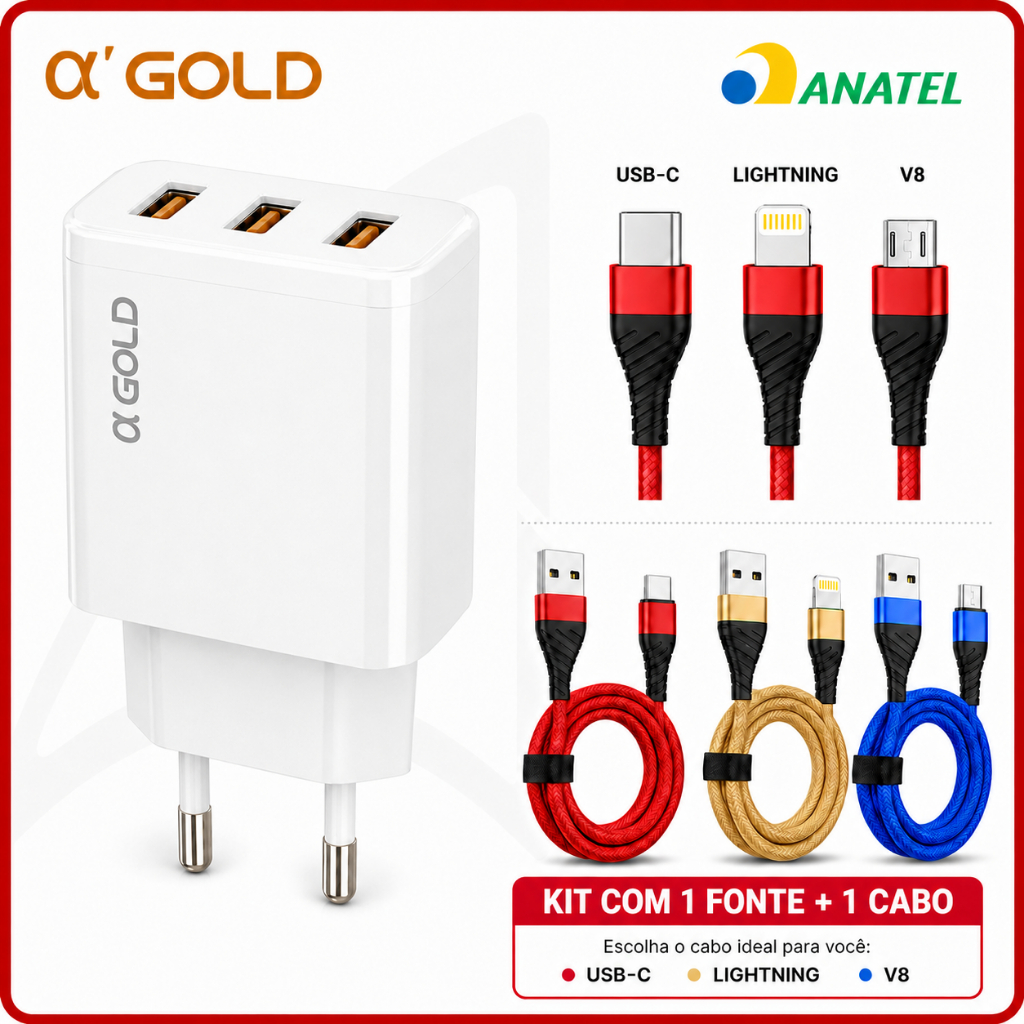Fonte Carregador e Cabo Para Celular iPhone Android Tipo C V8 Turbo