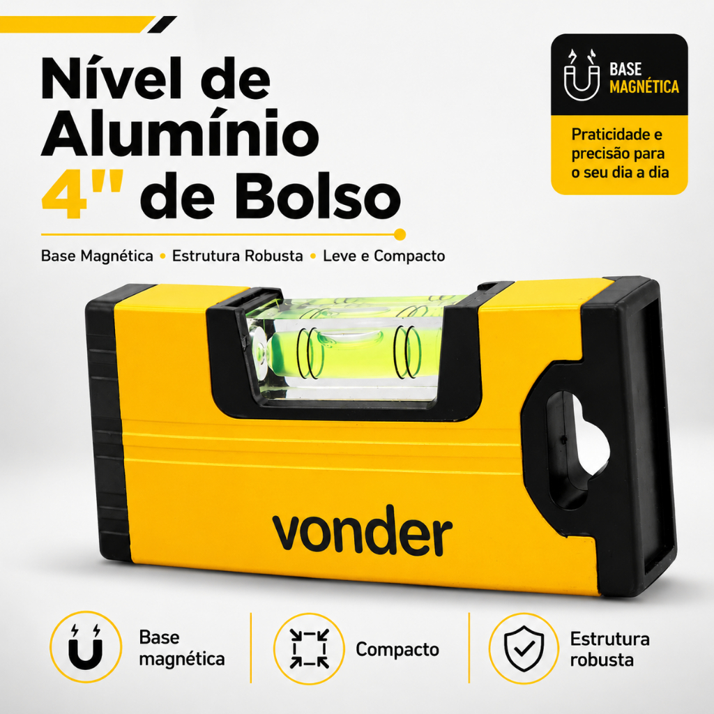 Nível de Alumínio 4"de Bolso com Base Magnética Estrutura Robusta Leve e Compacta Vonder