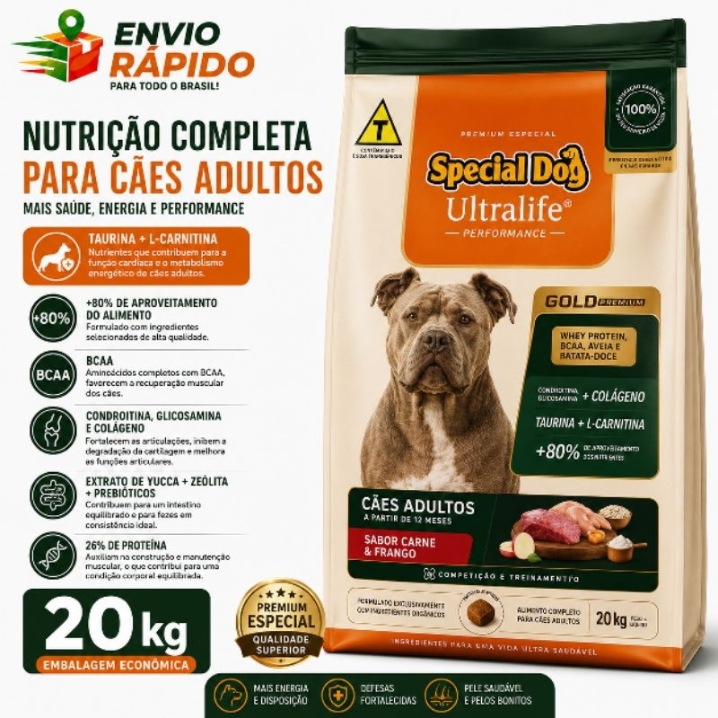 Ração Special Dog Ultralife Performance 20kg Cães Adultos Carne e Frango Premium Alta Nutrição