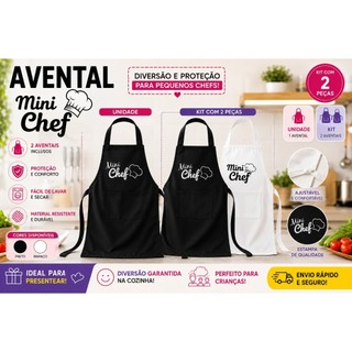 Avental Infantil Preto e Branco Mini Chef – Kit 2 Peças/Unidade para Proteção em Culinária e Confeitaria, Uso Escolar, B