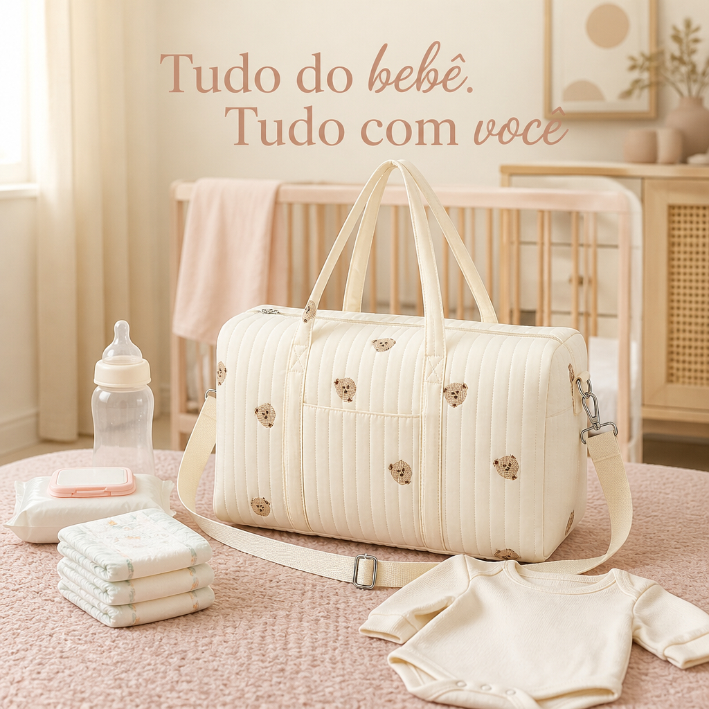 Bolsa Maternidade Grande de Ursinho para Hospital e Saída da Maternidade com Alça Tiracolo