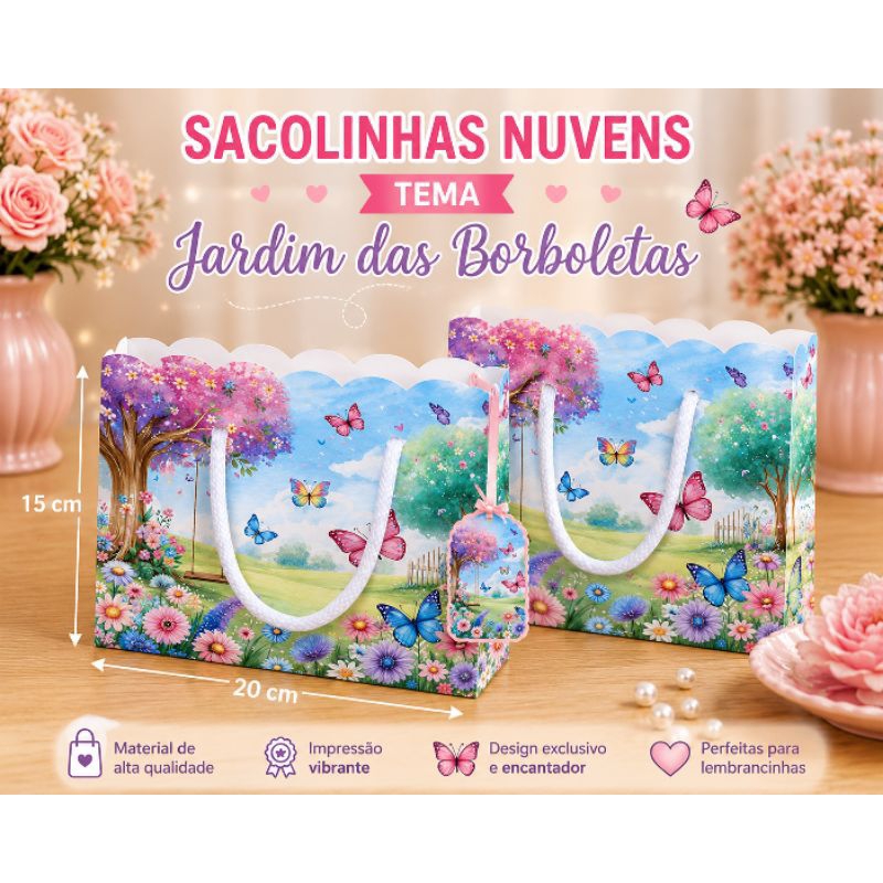 Sacolinhas Personalizadas Jardim das Borboletas Luxo,Decoração Jardim das Borboletas,Lembrancinhas Jardim das Borboletas
