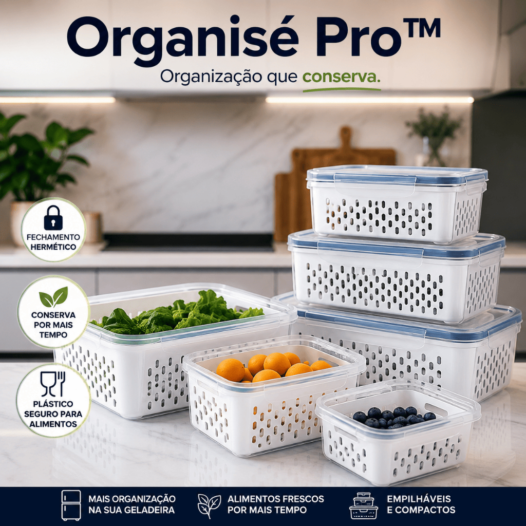 Kit 3 Potes Herméticos com Cesto Escorredor Tampa Hermética Organizador de Geladeira Conserva Alimentos Cozinha