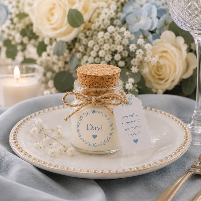 Vela Aromática Personalizada para Lembrancinha de Maternidade com Nome do Bebê e Cartão, 40g