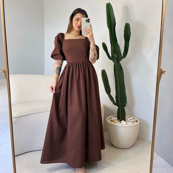 Vestido Longo Romântico Manga Bufante
