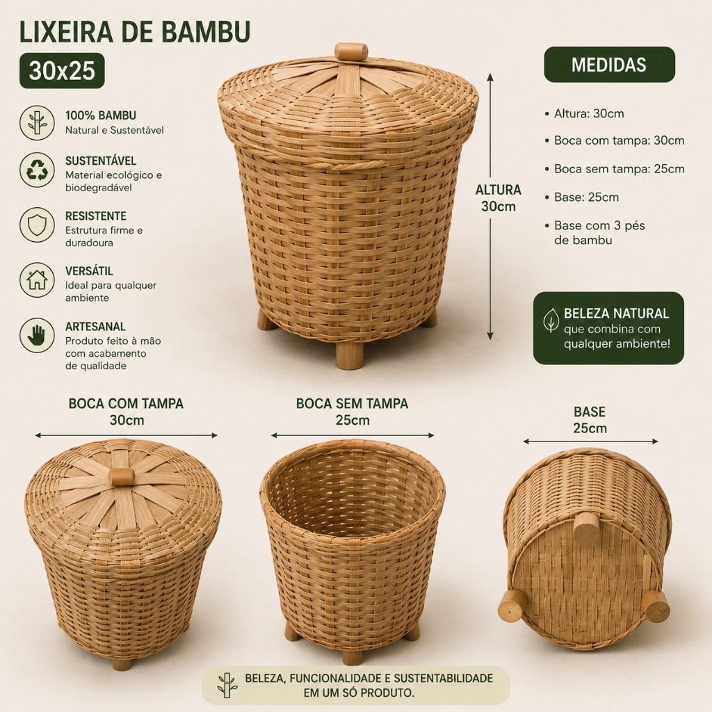 Lixeira De Bambu 30x25cm Com Tampa Decorativa