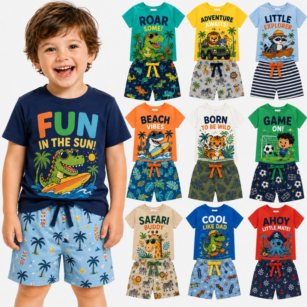 Kit Sortido 2 ou 4 peças de Conjunto VERÃO Infantil MENINO Camiseta e Bermuda Moda Infantil Bebê Masculina VERÃO