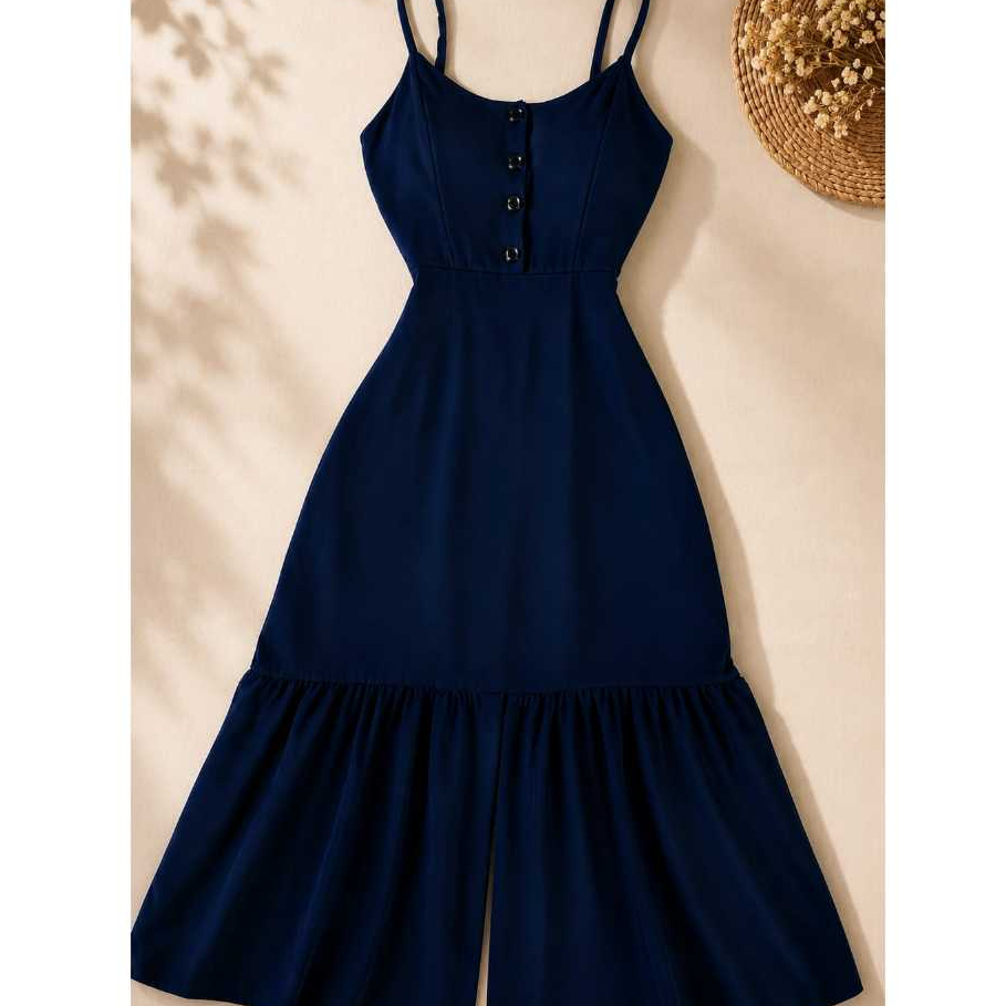 Vestido Longo De Alcinha e bojo Em tecido Crepinho Forrado Modelo Botão E Babado Poa Elegante de novidade